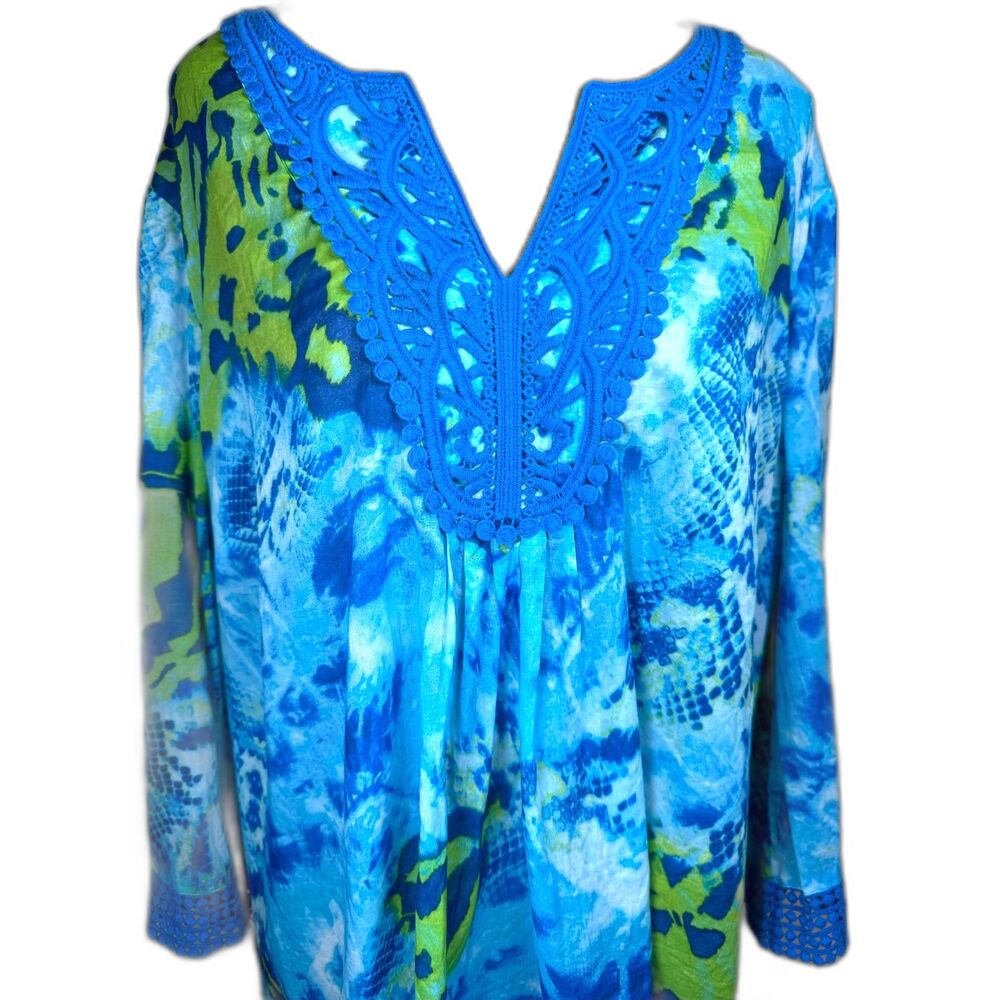JONE NEW YORK Blue Turquoise Animal Print Lace Trim 3/4 Sleeve Sheer Top 2X